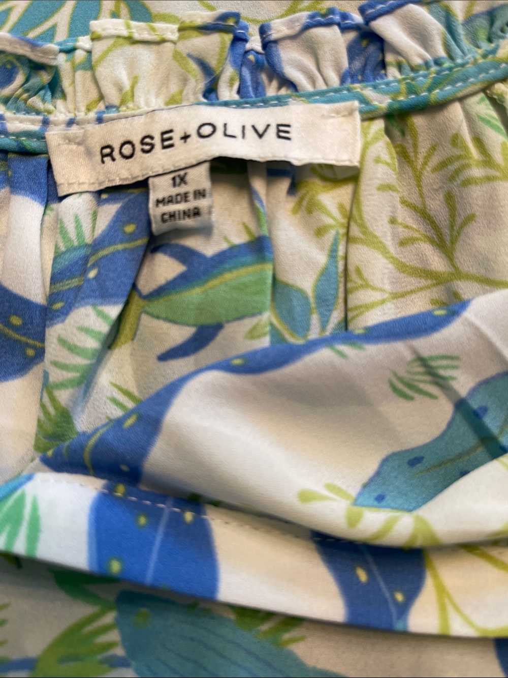 Rose Olive Blouse Top Blue Green White Whimsical Sea Horse Whales Coastal Floral - Picture 6 of 9